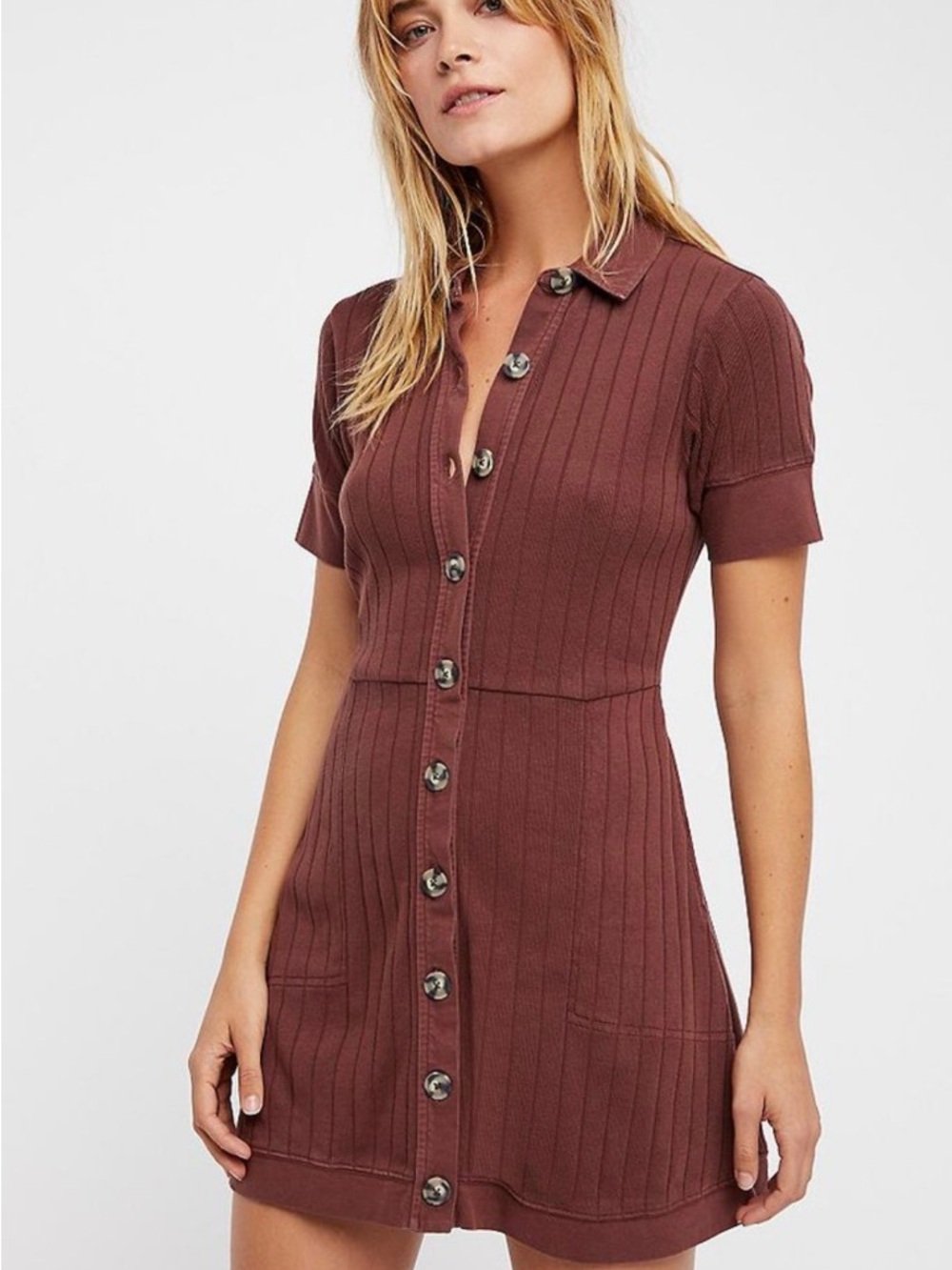 Free People Ribbed Button-Front Mini Dress in Brown